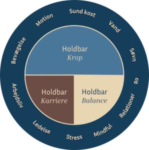 "Livshjul". En grafik der viser, ord som motion, spis sundt, drik vand, søvn, ro, relationer, mindful, stress, ledelse, arbejdsliv, bevægelse rundt om en ramme med ordene "holdbar krop", "holdbar karriere" og "Holdbar balance"